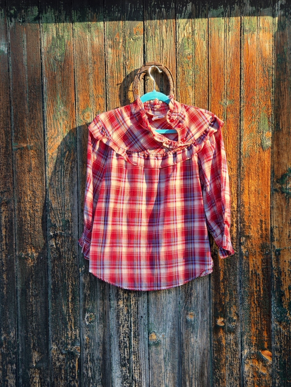 1970s Vintage Red Plaid Ruffle Yoke Blouse